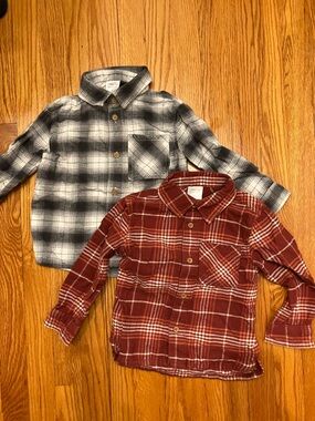 Kids Plaid Button-Down Shirt Set - Black & Rust Red